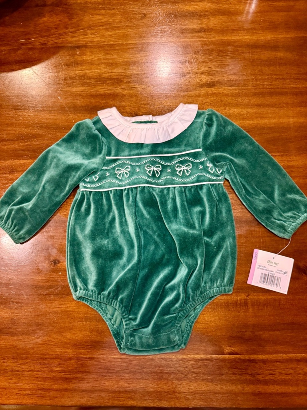 Little Me Green Velvet Bow-Embroidered Romper with Pink Collar